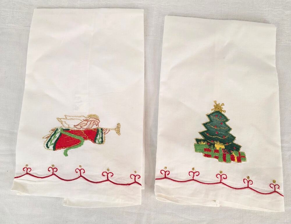 Vtg Set/2 Lillian Vernon 100% Cotton Appliqued Christmas Guest Hand Towels NOS